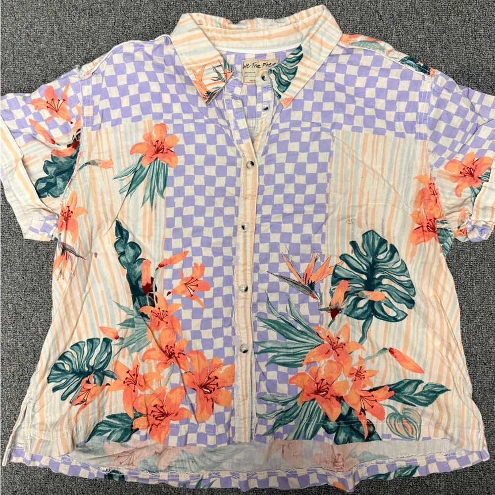 Floral Short Sleeve Button-Up Shirt in Lavender & Orange